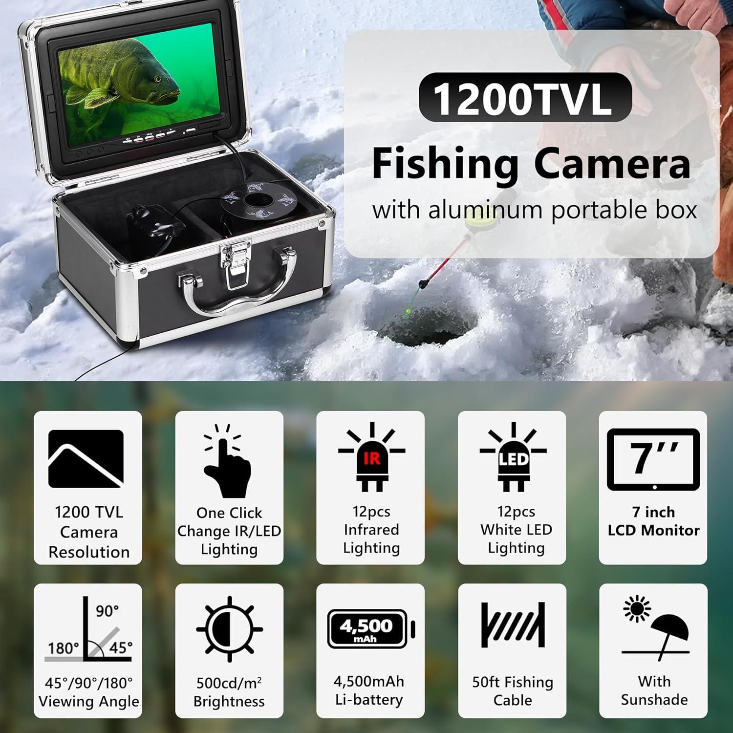 imageFishPRO 2026 Upgrade Underwater Fishing Camera 1200TVL 7 Ice Fishing Camera UnderwaterAluminum Box Fish Finder Ice Fishing Gifts for Men IRLED 4500mAh 50ftALU7015