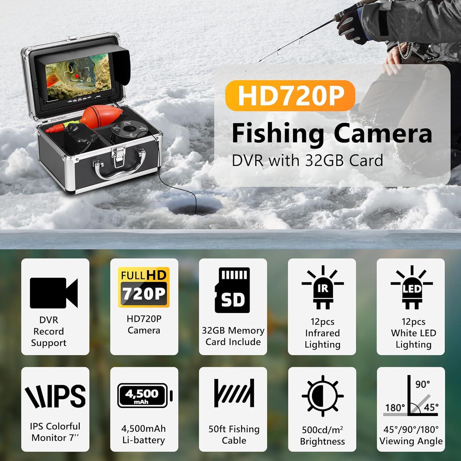 imageFishPRO 2026 Upgrade Underwater Fishing Camera 1200TVL 7 Ice Fishing Camera UnderwaterAluminum Box Fish Finder Ice Fishing Gifts for Men IRLED 4500mAh 50ftALU7015 DVR